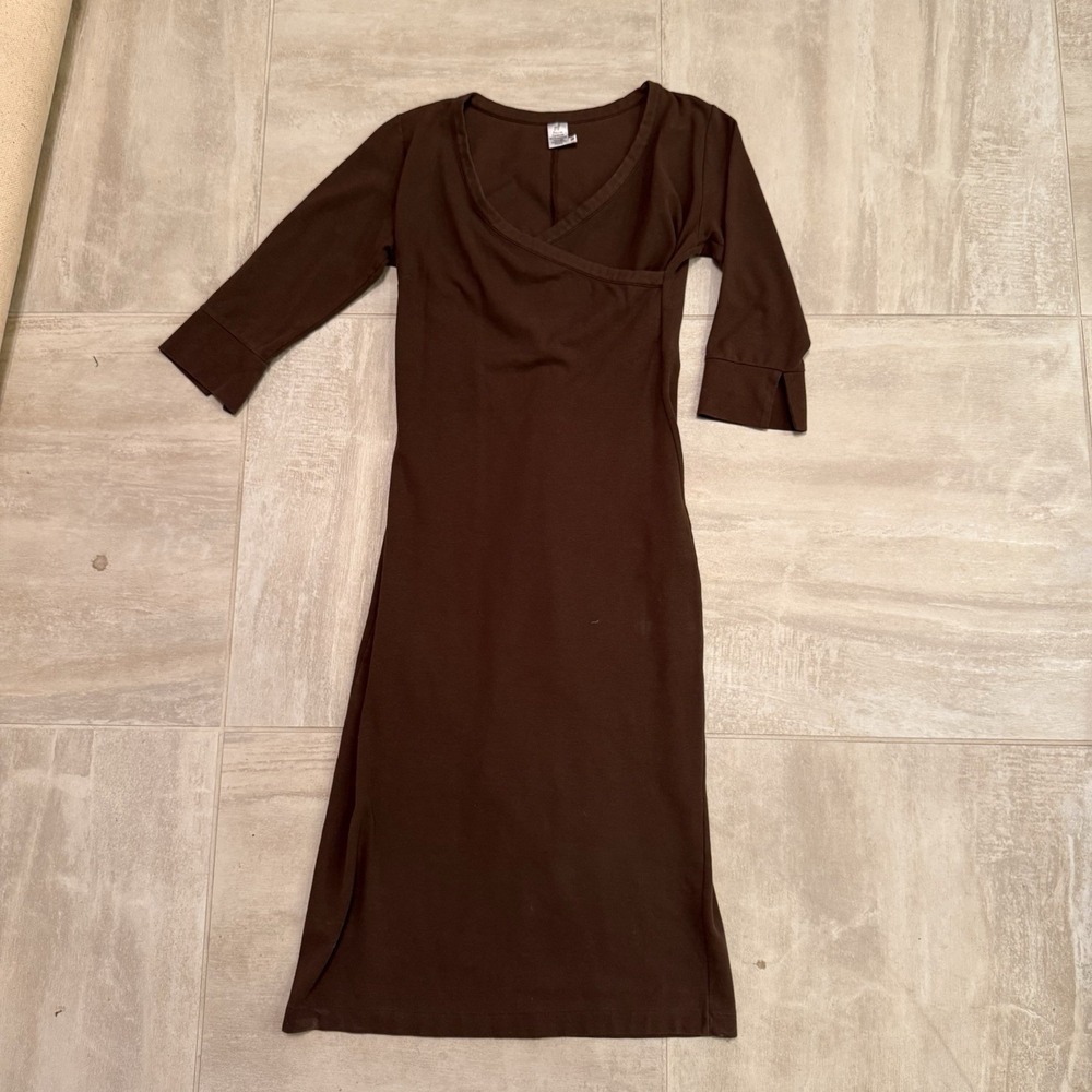 Peruvian Connection Brown V-Neck Faux Wrap Sheath Dress 3/4 Sleeve Cotton Small‎